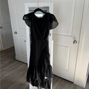 Abercrombie & Fitch Black Flutter-Sleeve Wrap Midi Dress